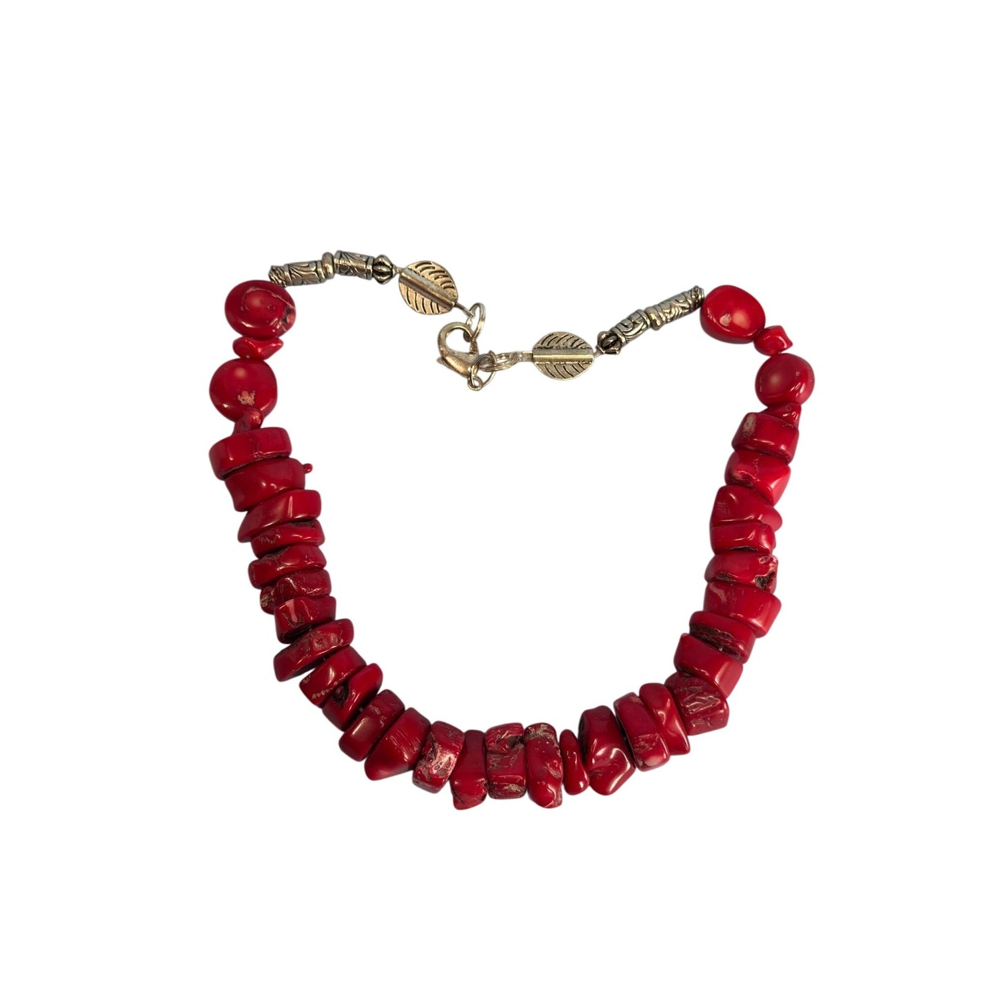 Red Bamboo Coral Chunky Necklace Etched Silver-Tone Accents 21" Long 218g