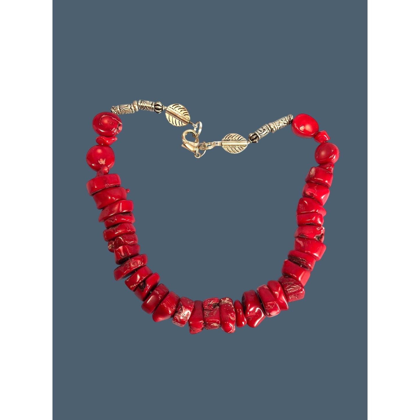 Red Bamboo Coral Chunky Necklace Etched Silver-Tone Accents 21" Long 218g