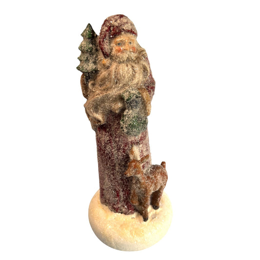 Vintage Santa Claus Figurine With Tree & Reindeer Glitter Finish 13" Tall Holiday Decor
