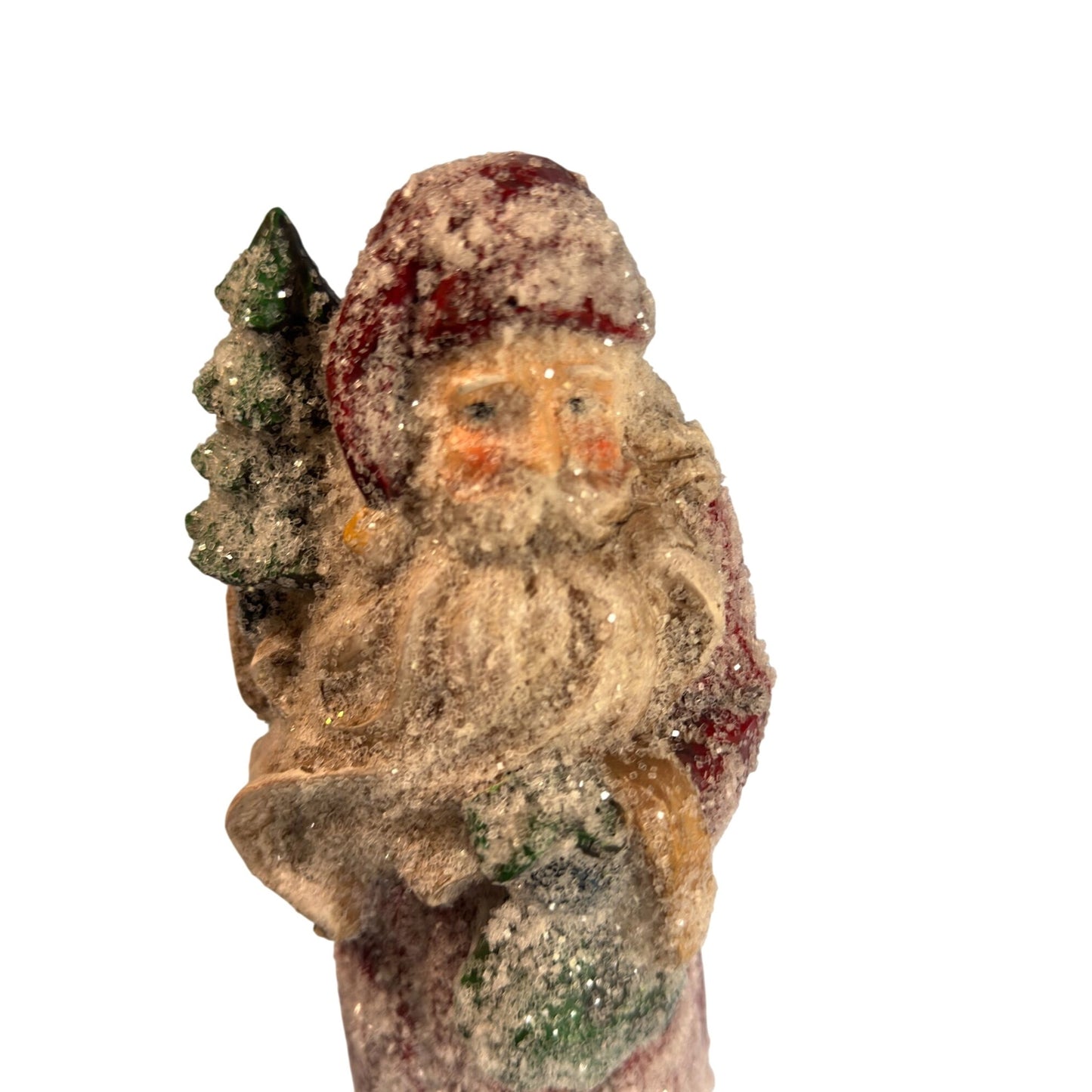 Vintage Santa Claus Figurine With Tree & Reindeer Glitter Finish 13" Tall Holiday Decor