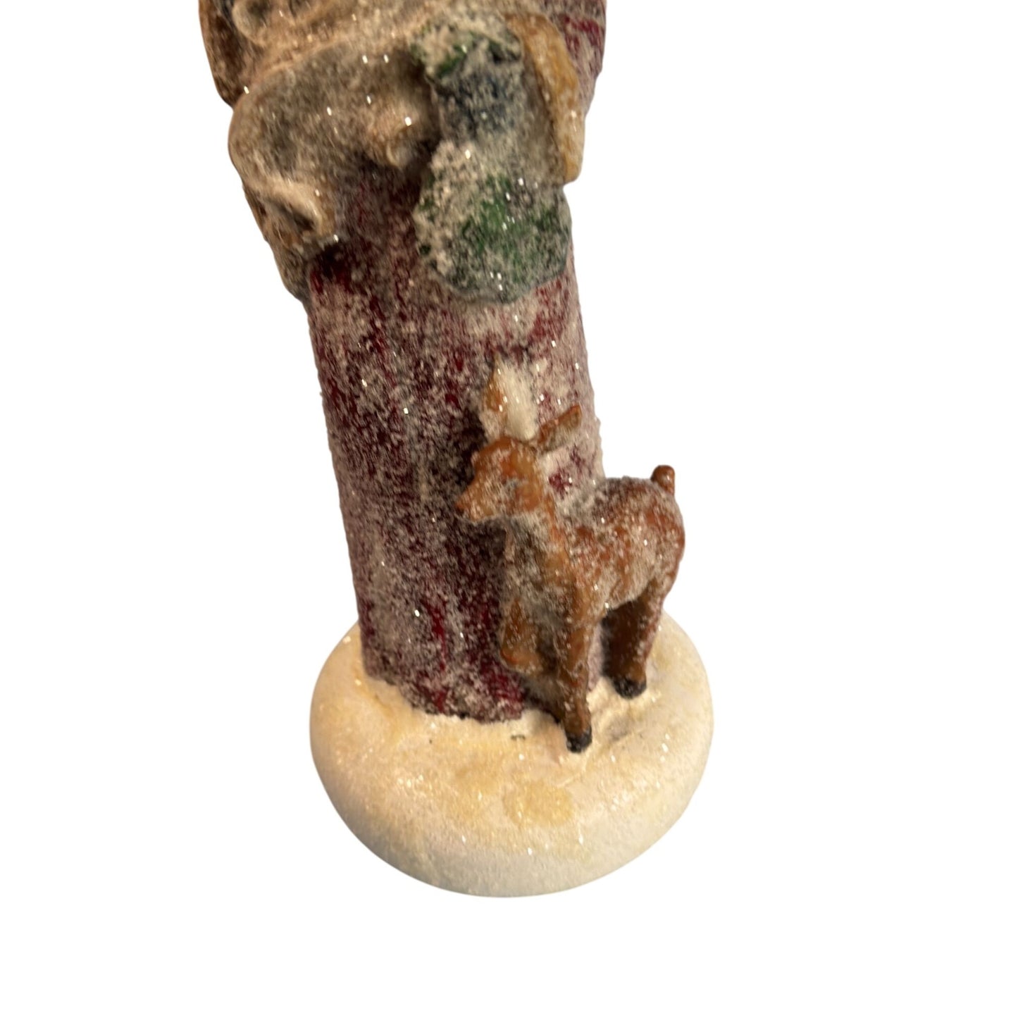 Vintage Santa Claus Figurine With Tree & Reindeer Glitter Finish 13" Tall Holiday Decor