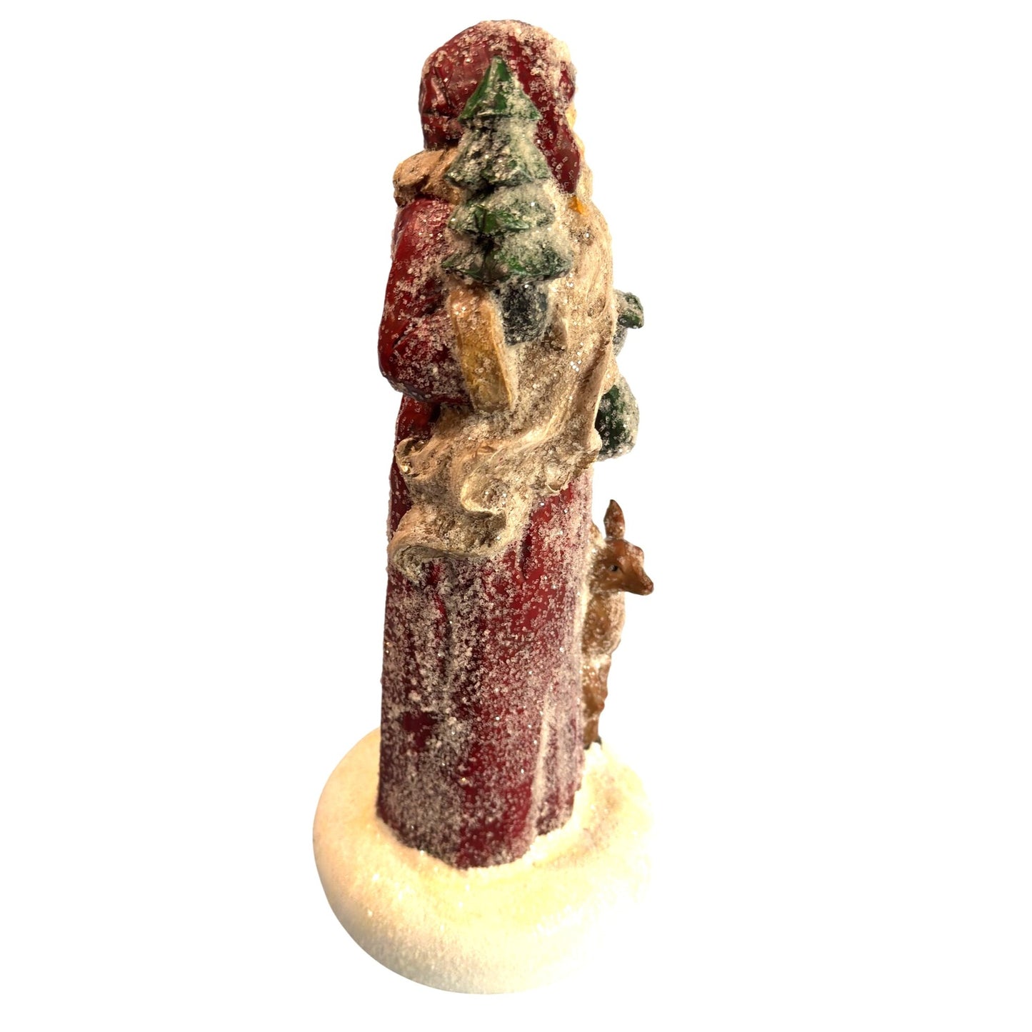 Vintage Santa Claus Figurine With Tree & Reindeer Glitter Finish 13" Tall Holiday Decor