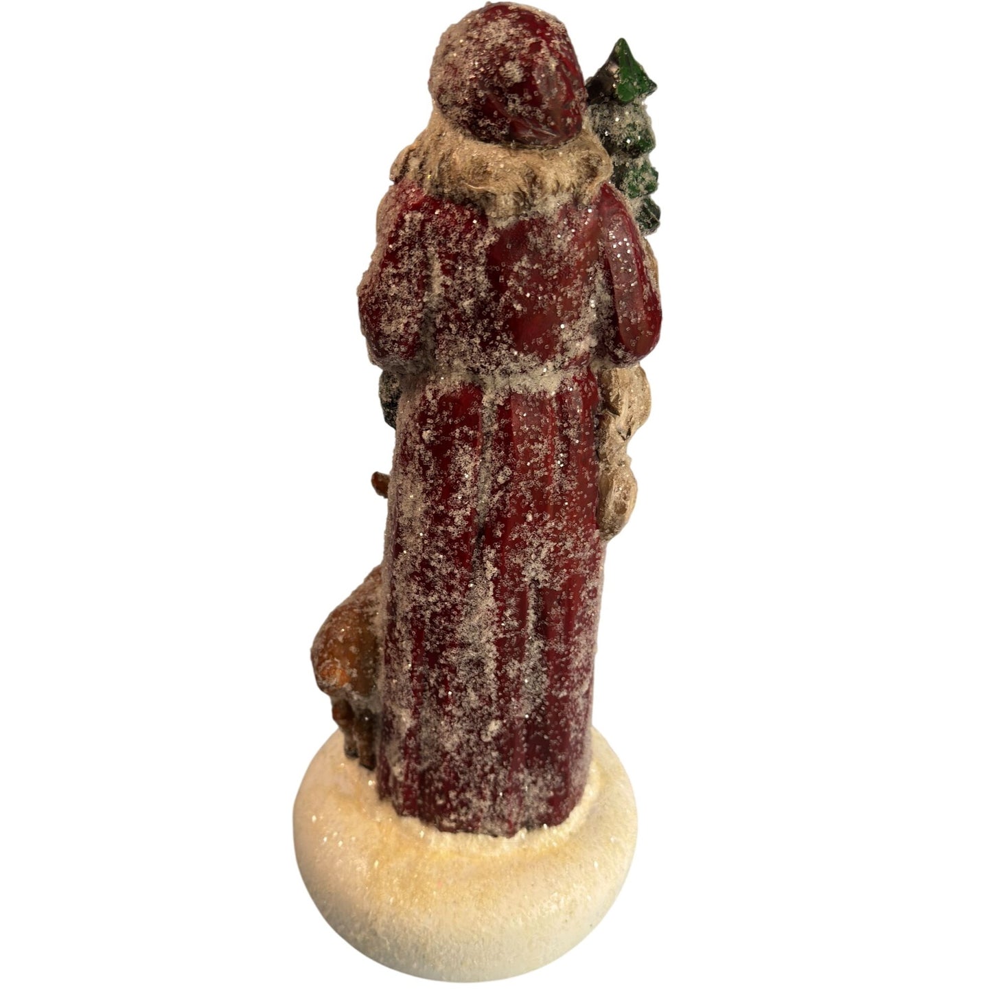 Vintage Santa Claus Figurine With Tree & Reindeer Glitter Finish 13" Tall Holiday Decor