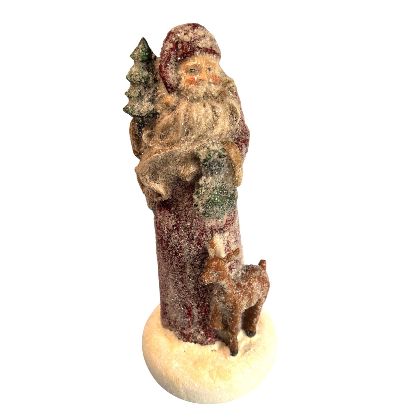 Vintage Santa Claus Figurine With Tree & Reindeer Glitter Finish 13" Tall Holiday Decor