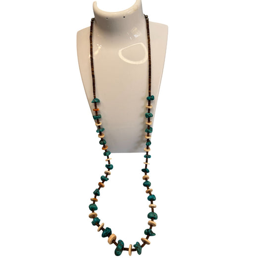 Vintage Southwestern Turquoise Nugget Shell Heishi Bead Necklace 30" Sterling