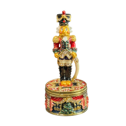 Hand-Painted Nutcracker-Themed Enameled Trinket Box With Rhinestone Accents & Hinged Lid