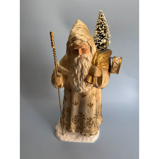 Bethany Lowe Golden Santa Figurine With Bottle Brush Tree 13" TD7685