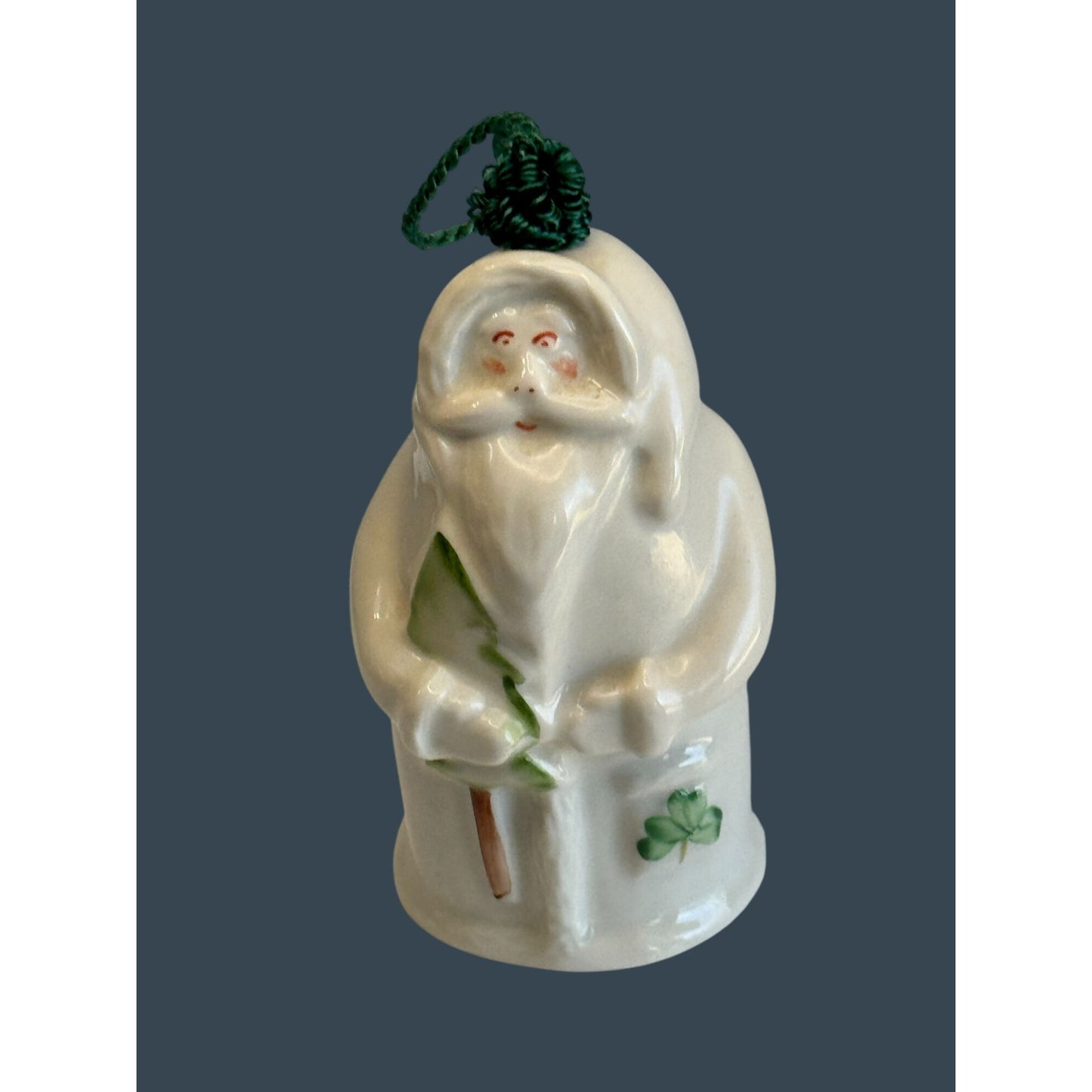 Belleek Santa Ornament Bell White Porcelain Shamrock Green Cord 4.5" Ireland
