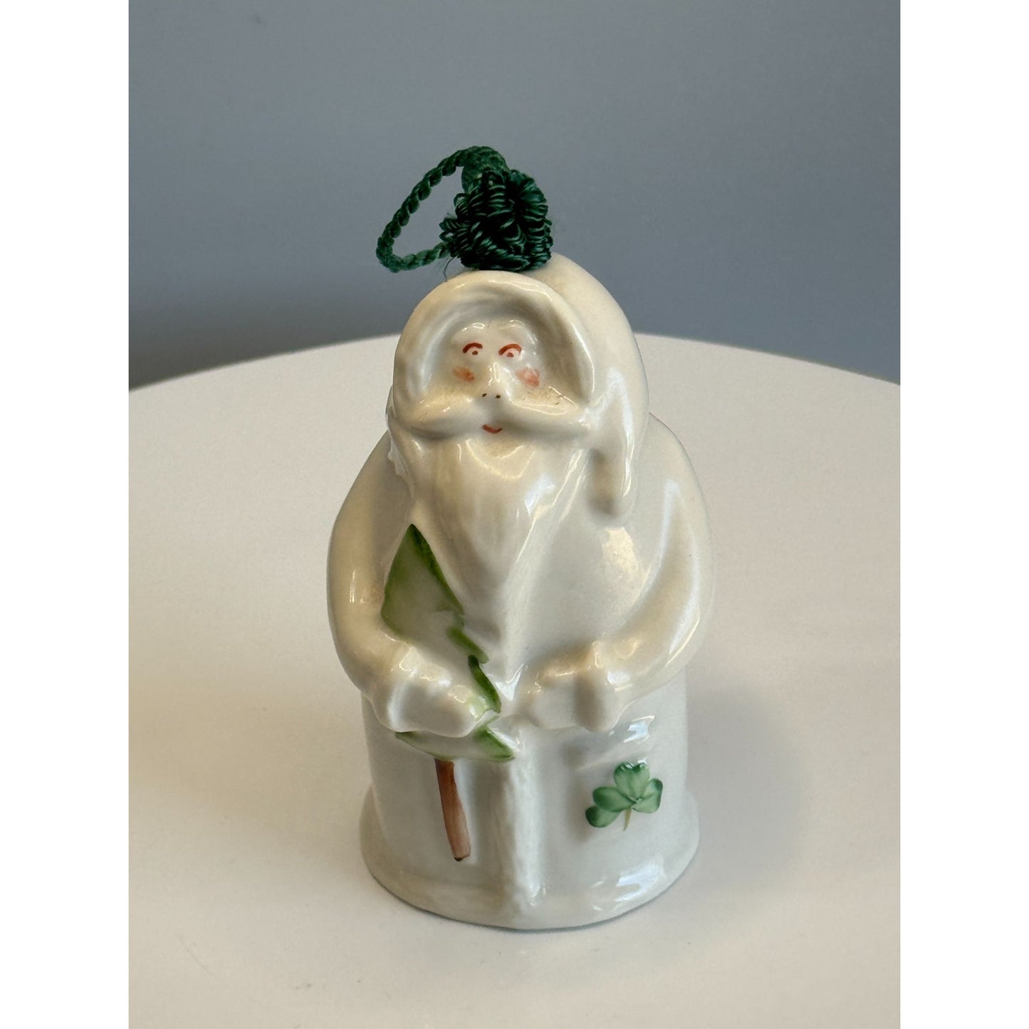 Belleek Santa Ornament Bell White Porcelain Shamrock Green Cord 4.5" Ireland