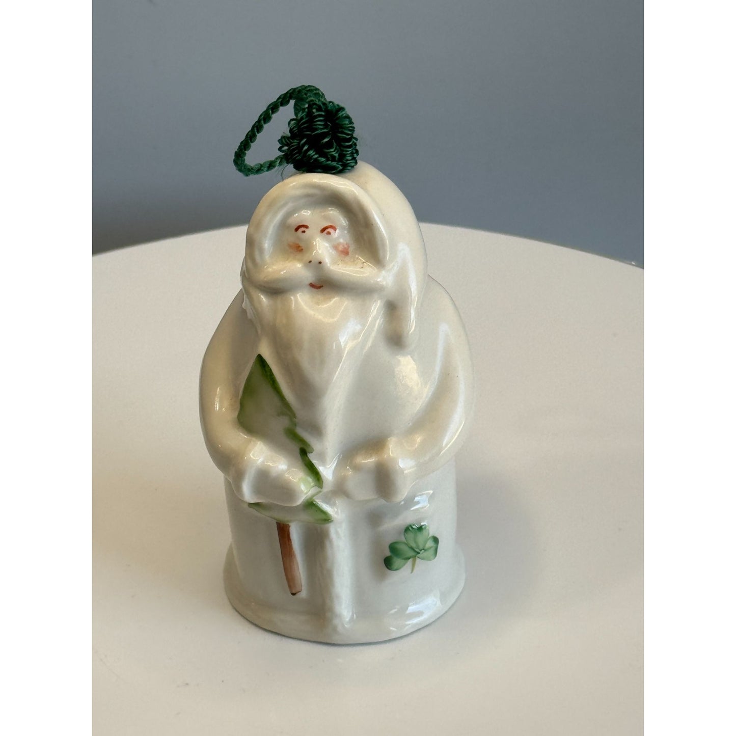Belleek Santa Ornament Bell White Porcelain Shamrock Green Cord 4.5" Ireland