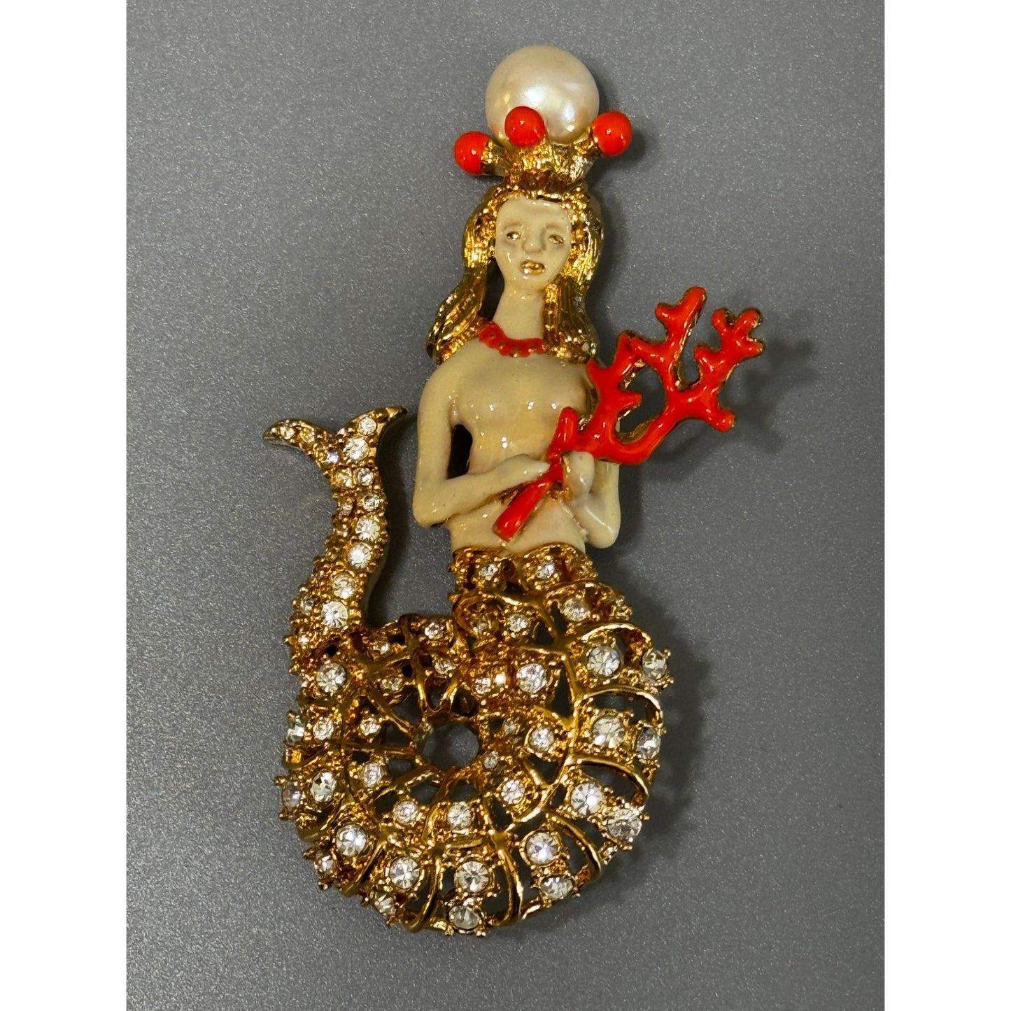 Hutton Wilkinson Mermaid Brooch Swarovski Crystal Red Coral Crown 3" 1990s Signed