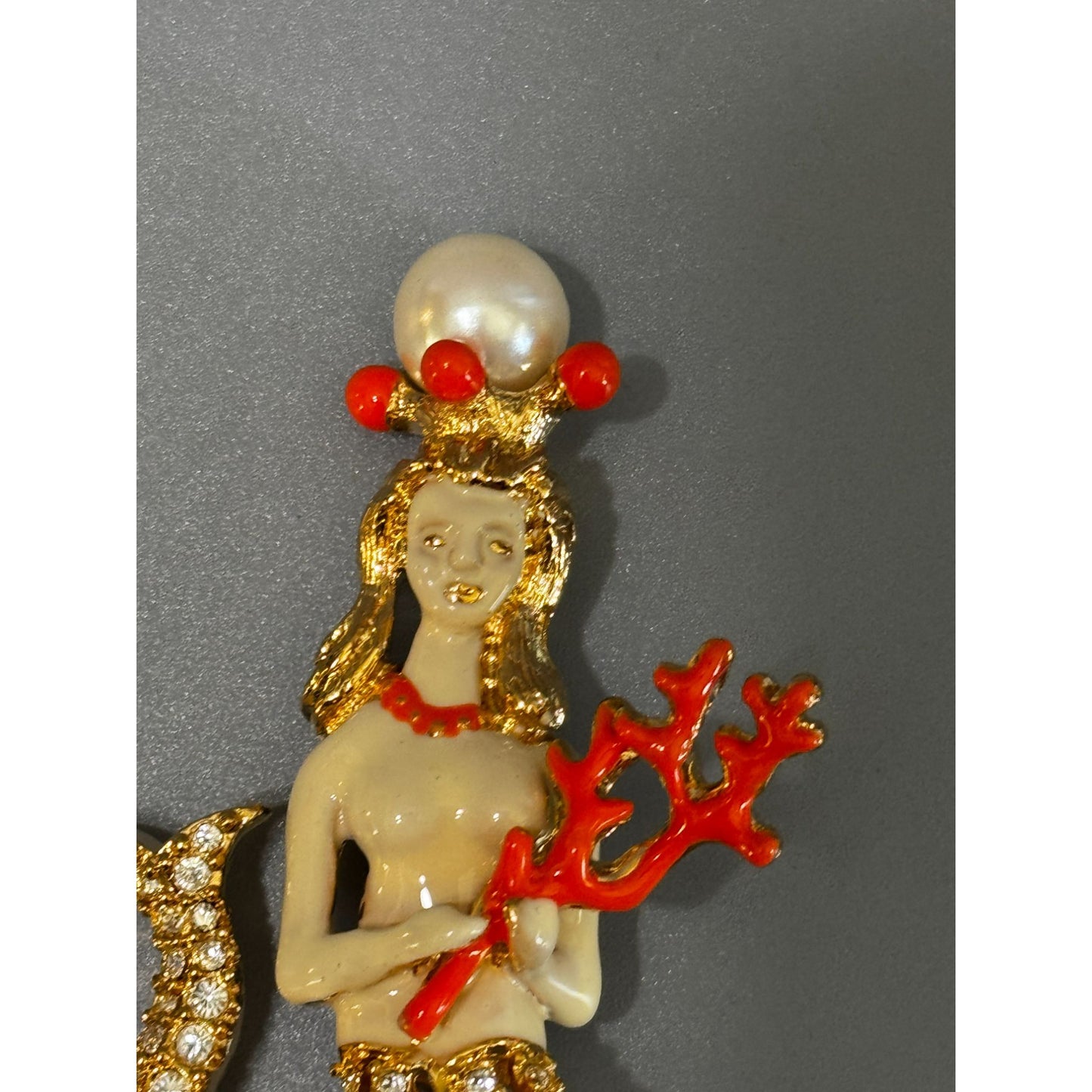 Hutton Wilkinson Mermaid Brooch Swarovski Crystal Red Coral Crown 3" 1990s Signed