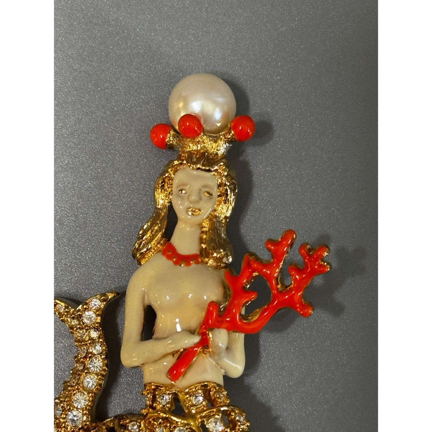 Hutton Wilkinson Mermaid Brooch Swarovski Crystal Red Coral Crown 3" 1990s Signed