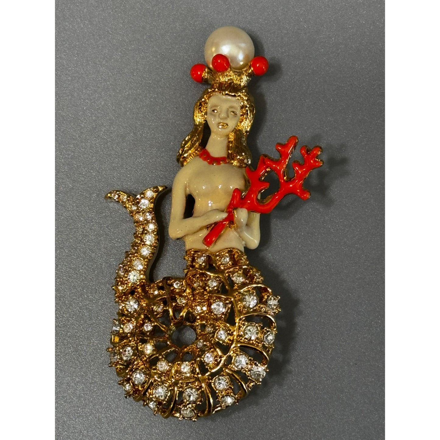 Hutton Wilkinson Mermaid Brooch Swarovski Crystal Red Coral Crown 3" 1990s Signed