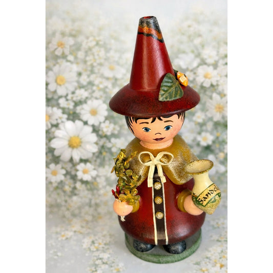 Vintage Hubrig Volkskunst Witch Girl Smoker Red Wood 5 1/4 Inch Germany