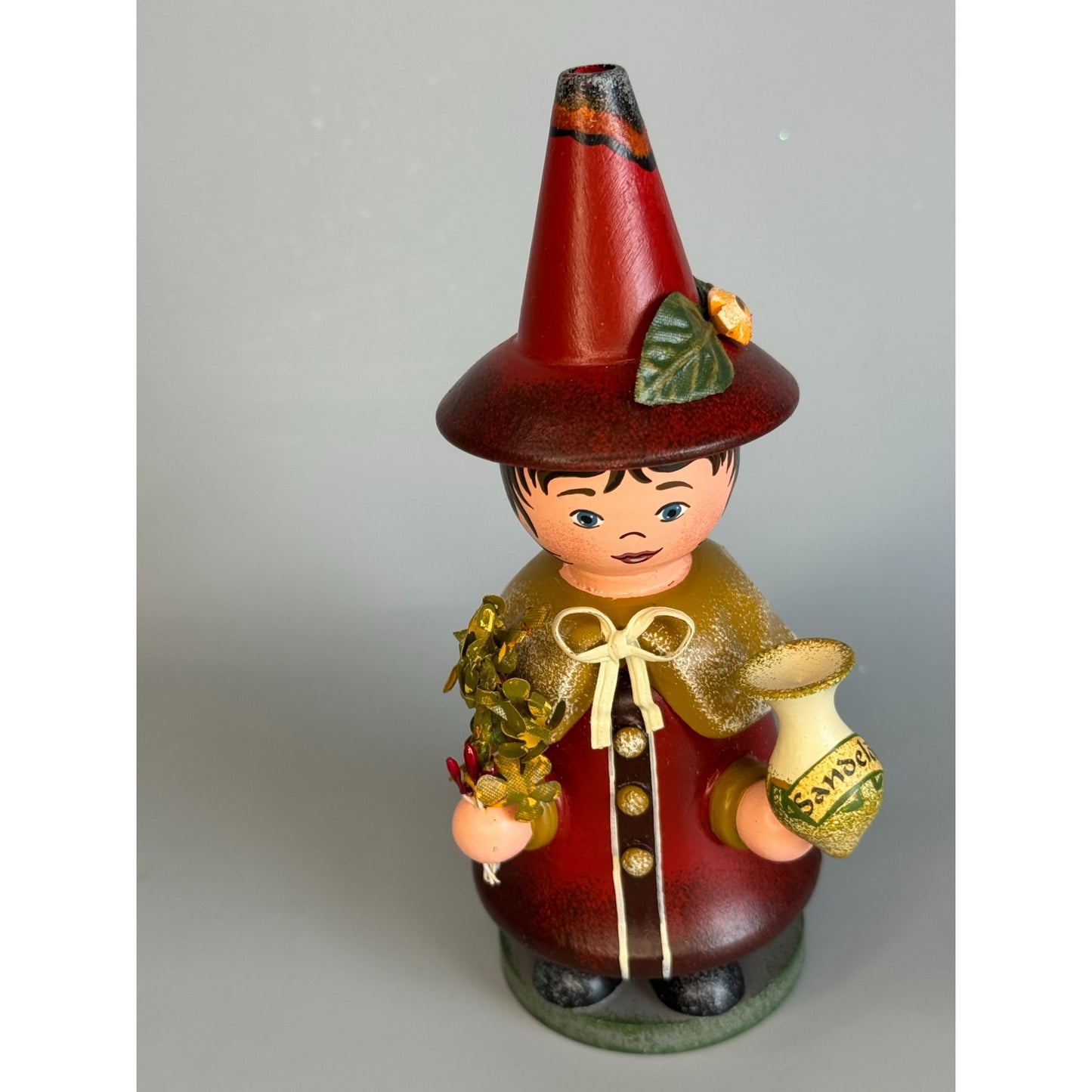 Vintage Hubrig Volkskunst Witch Girl Smoker Red Wood 5 1/4 Inch Germany