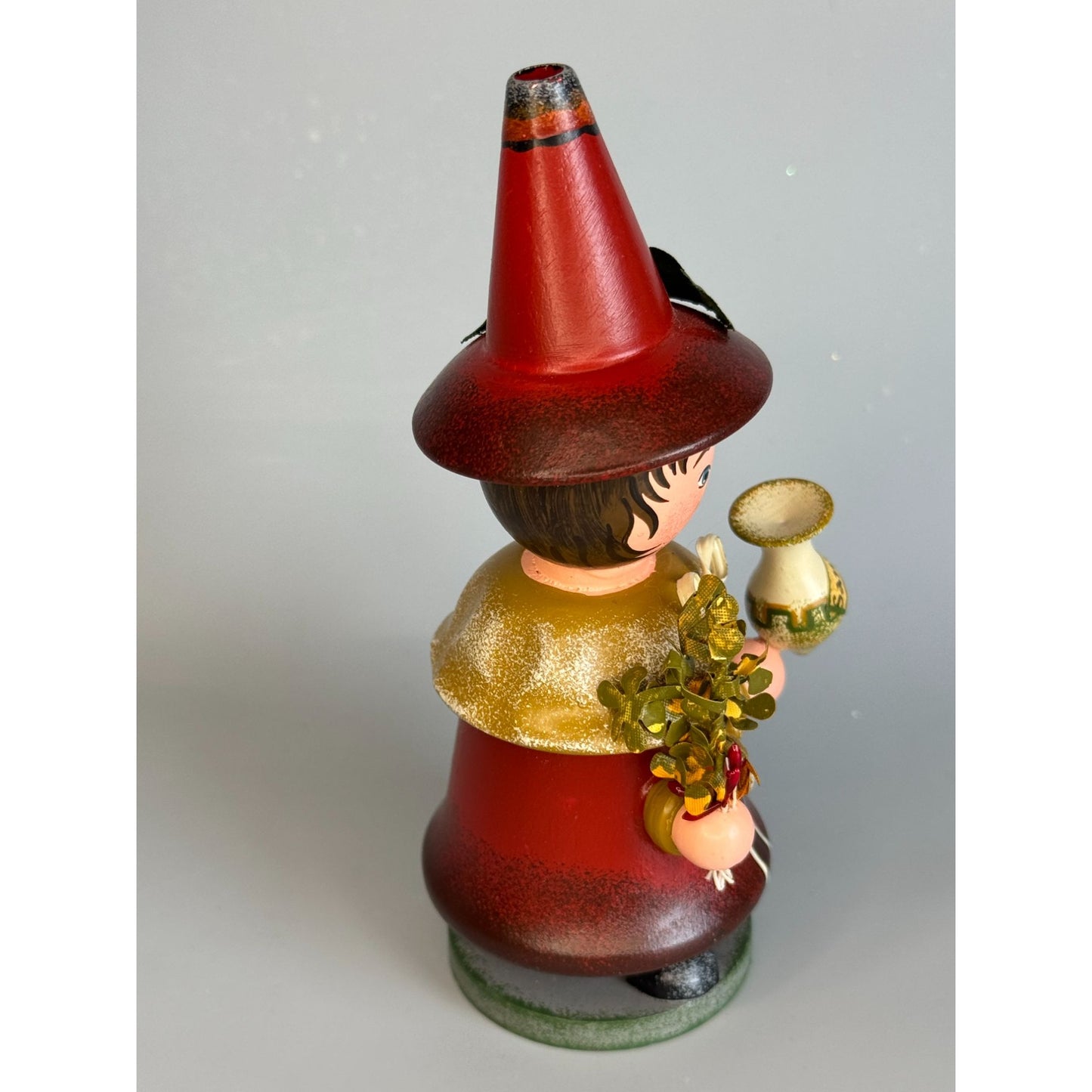 Vintage Hubrig Volkskunst Witch Girl Smoker Red Wood 5 1/4 Inch Germany