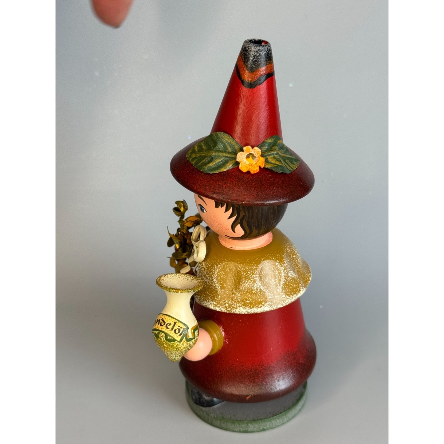 Vintage Hubrig Volkskunst Witch Girl Smoker Red Wood 5 1/4 Inch Germany