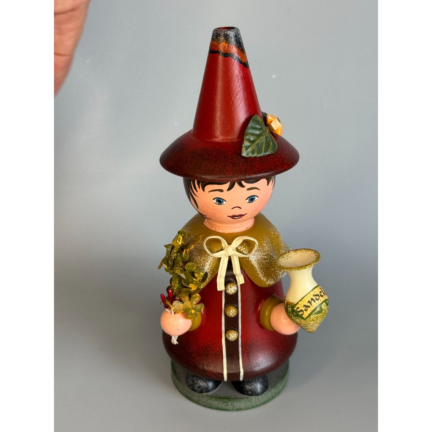 Vintage Hubrig Volkskunst Witch Girl Smoker Red Wood 5 1/4 Inch Germany