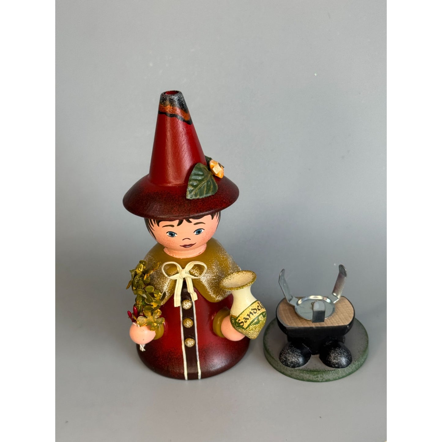 Vintage Hubrig Volkskunst Witch Girl Smoker Red Wood 5 1/4 Inch Germany