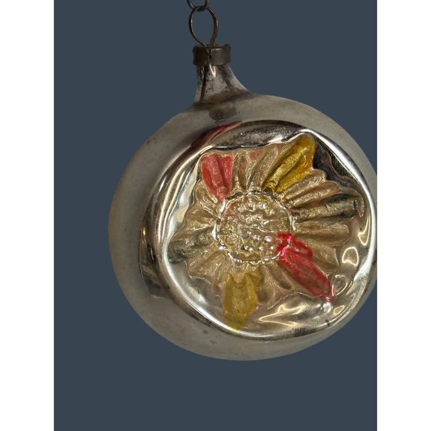 Antique German Silvered Ornament Reflector Flower Glass 2 1/2" x 2 1/4"