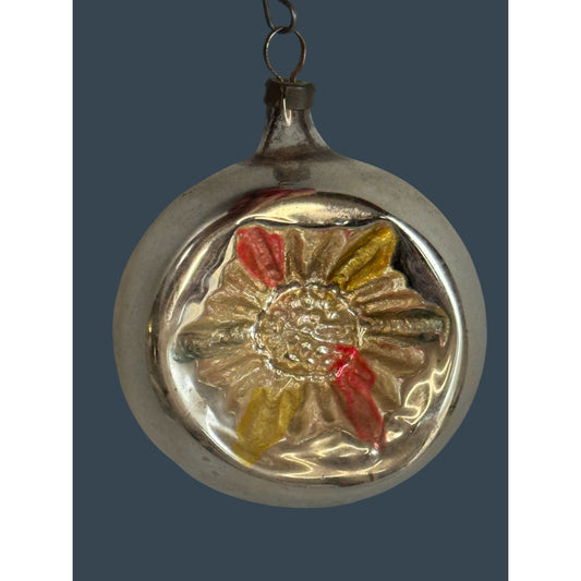 Antique German Silvered Ornament Reflector Flower Glass 2 1/2" x 2 1/4"