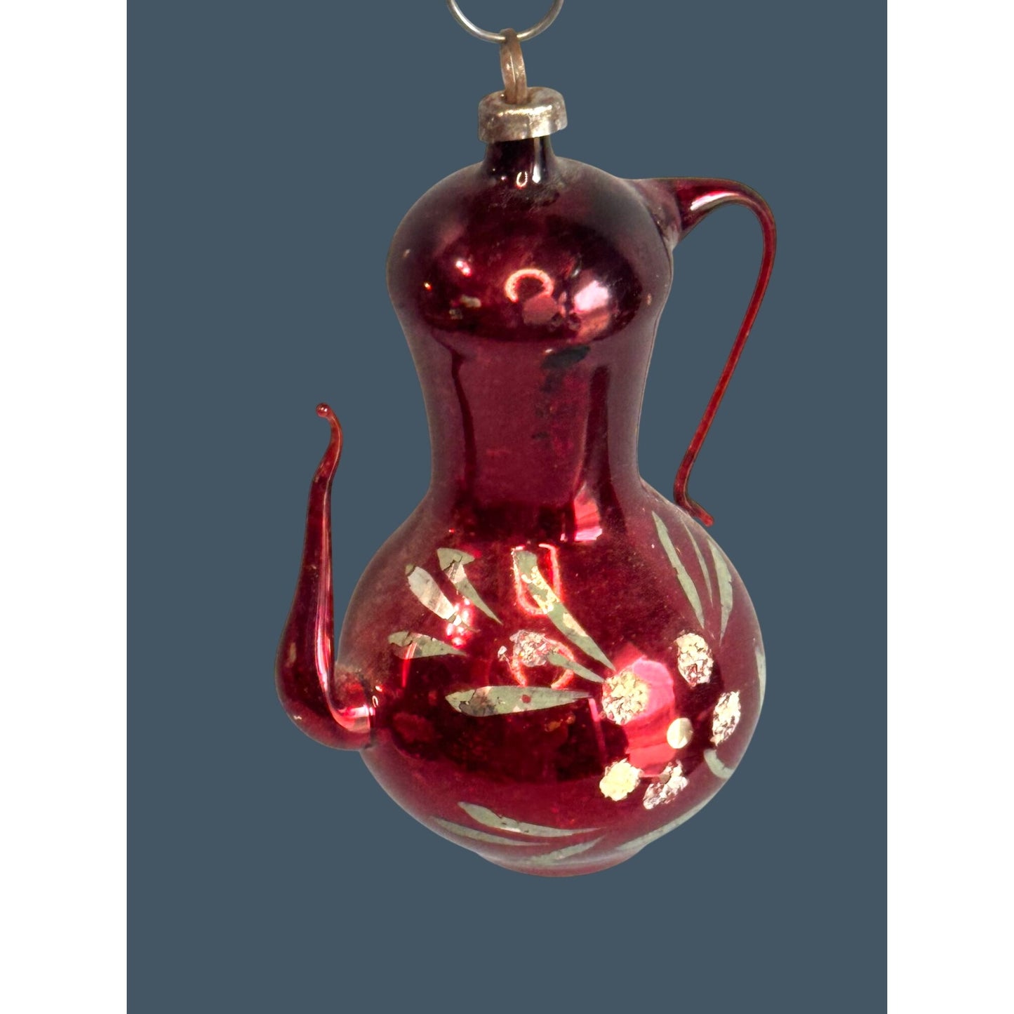 Antique Red Glass Pitcher Ornament Silver Mica Floral Applied Handle 3"