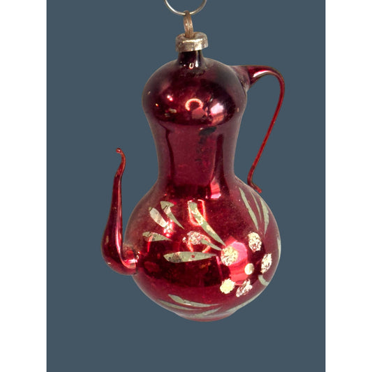 Antique Red Glass Pitcher Ornament Silver Mica Floral Applied Handle 3"