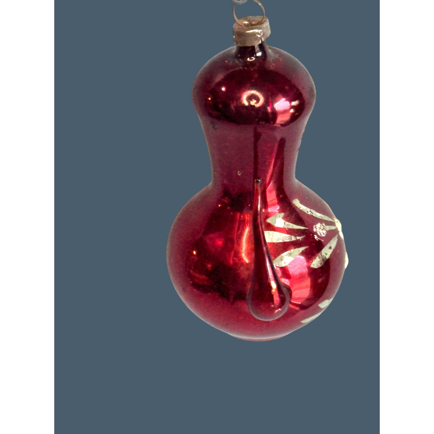 Antique Red Glass Pitcher Ornament Silver Mica Floral Applied Handle 3"