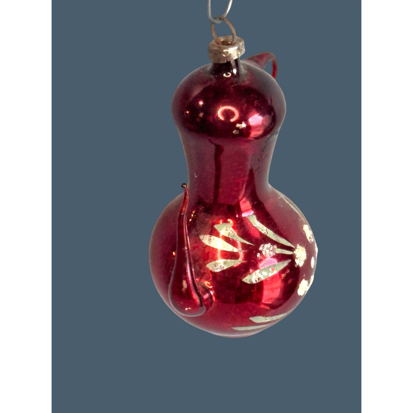 Antique Red Glass Pitcher Ornament Silver Mica Floral Applied Handle 3"