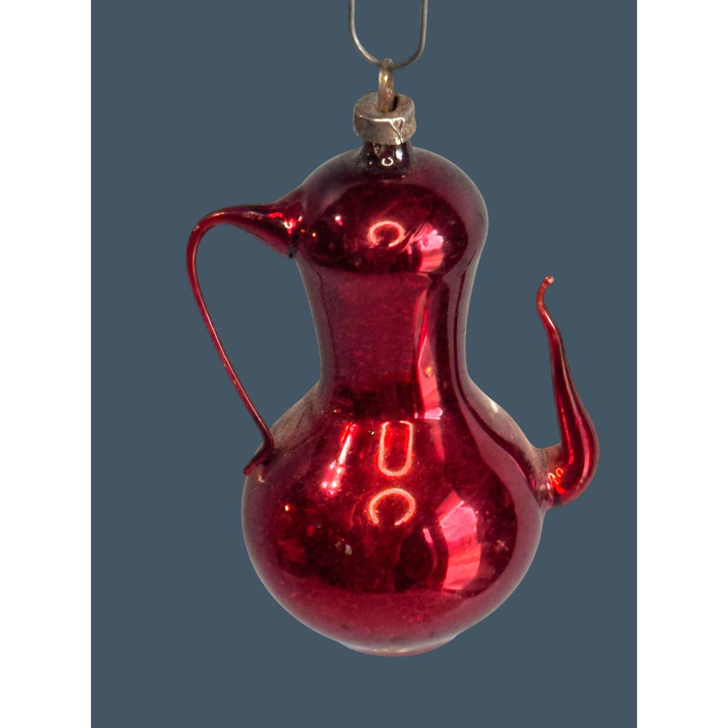 Antique Red Glass Pitcher Ornament Silver Mica Floral Applied Handle 3"