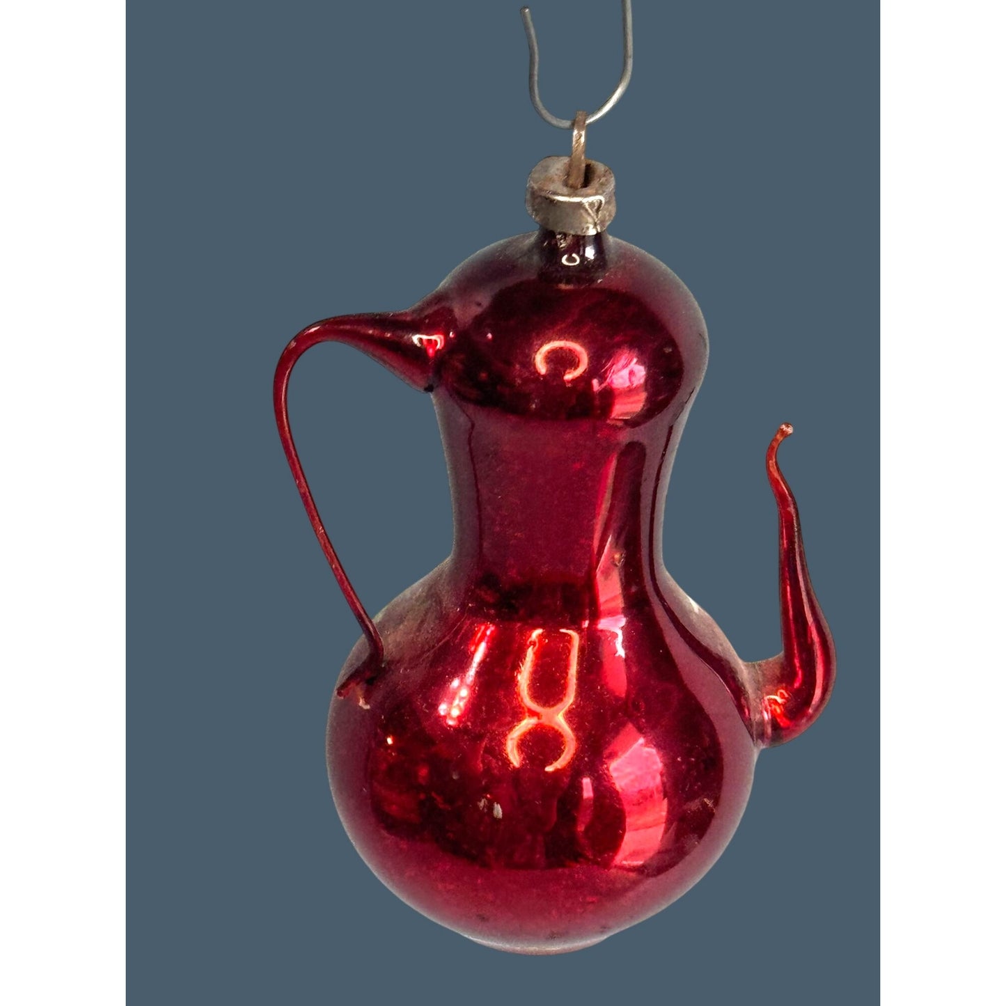 Antique Red Glass Pitcher Ornament Silver Mica Floral Applied Handle 3"