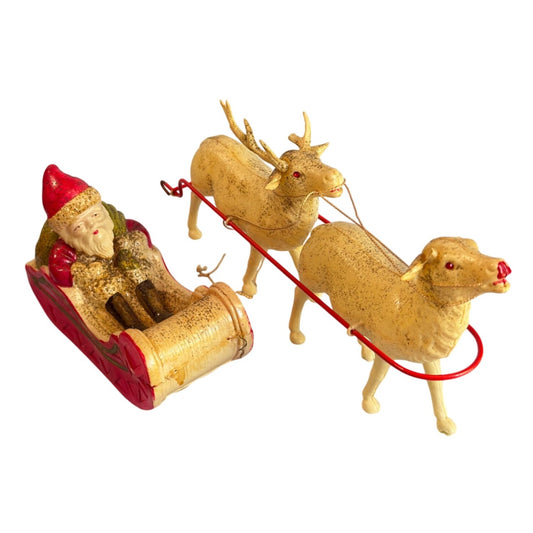 Santa Sleigh Celluloid Figurine Red Gold White 1920s Japan Vintage Decor