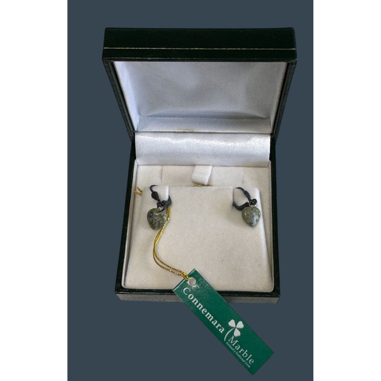 Connemara Marble 8mm Dangle Heart Earrings Irish Green Stone Hooks 925 Box Tag