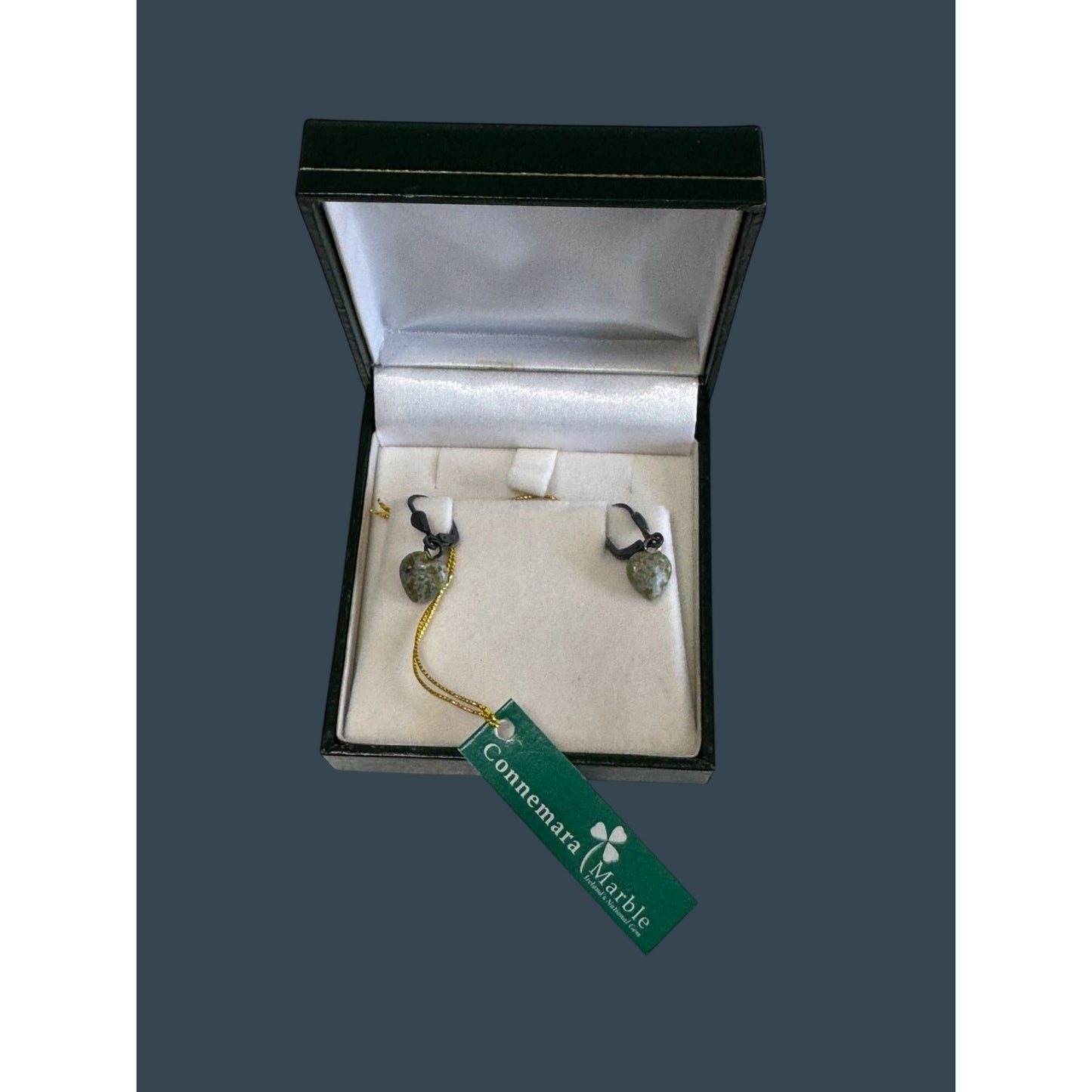Connemara Marble 8mm Dangle Heart Earrings Irish Green Stone Hooks 925 Box Tag