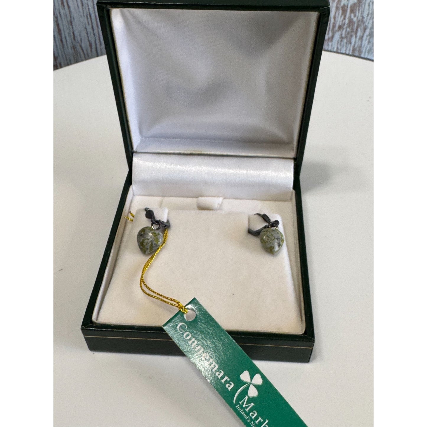 Connemara Marble 8mm Dangle Heart Earrings Irish Green Stone Hooks 925 Box Tag