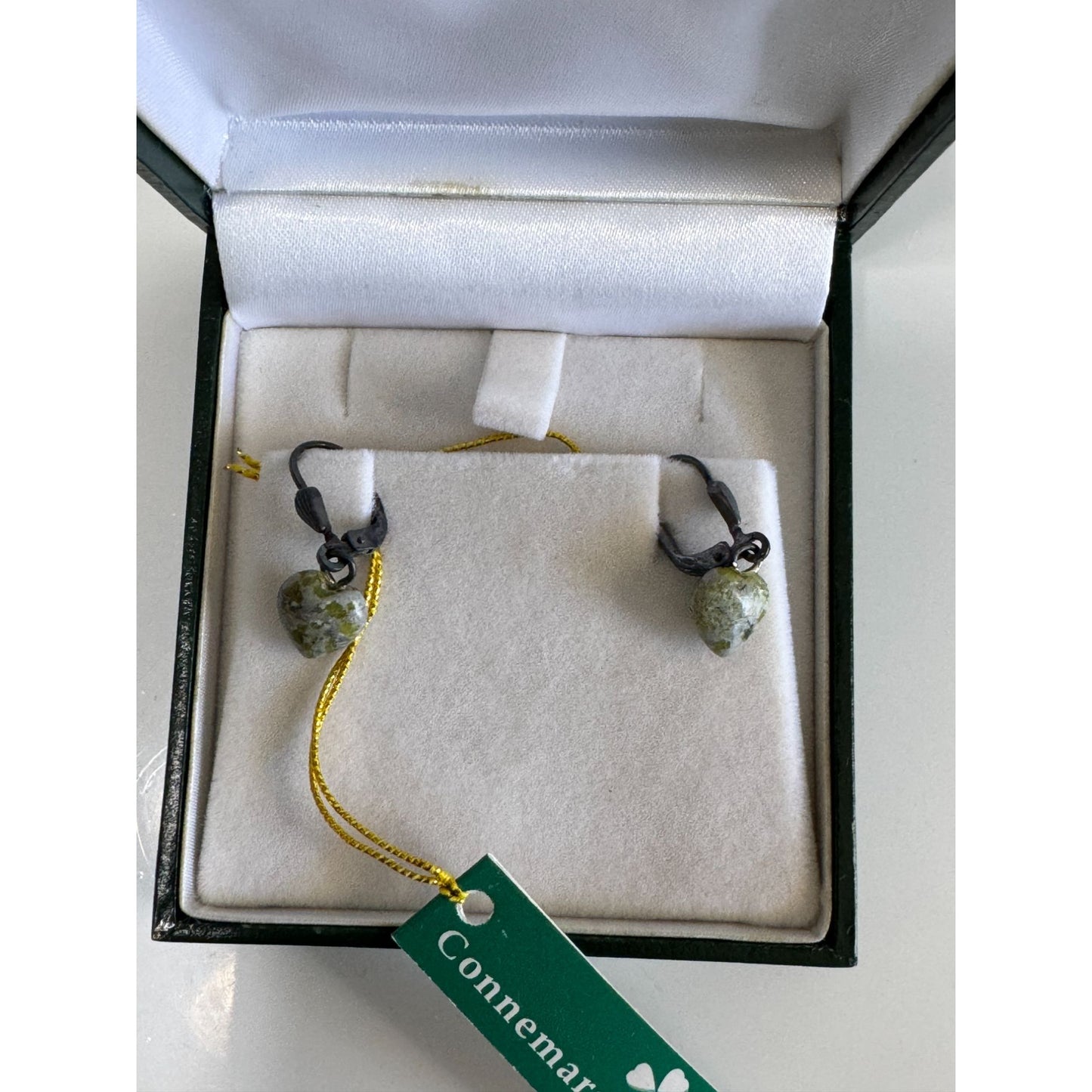 Connemara Marble 8mm Dangle Heart Earrings Irish Green Stone Hooks 925 Box Tag
