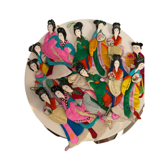 Lot Of 14 Vintage Chinese Silk & Cardboard Geisha Ornaments With Fans 6"