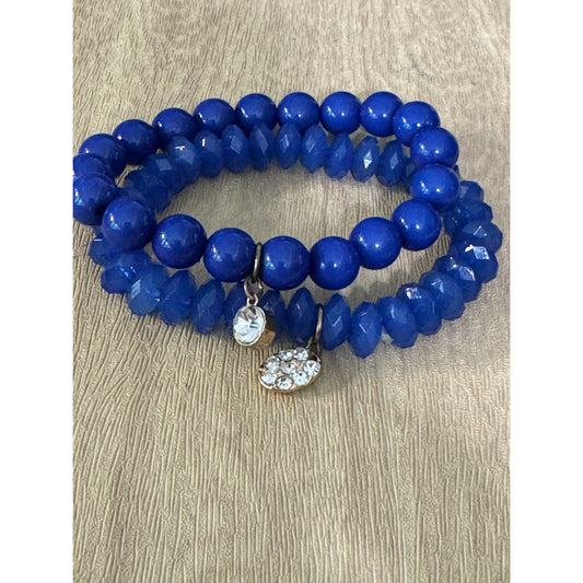 Cobalt Blue Glass Beaded Stretch Bracelets With Rhinestone Charm Accents