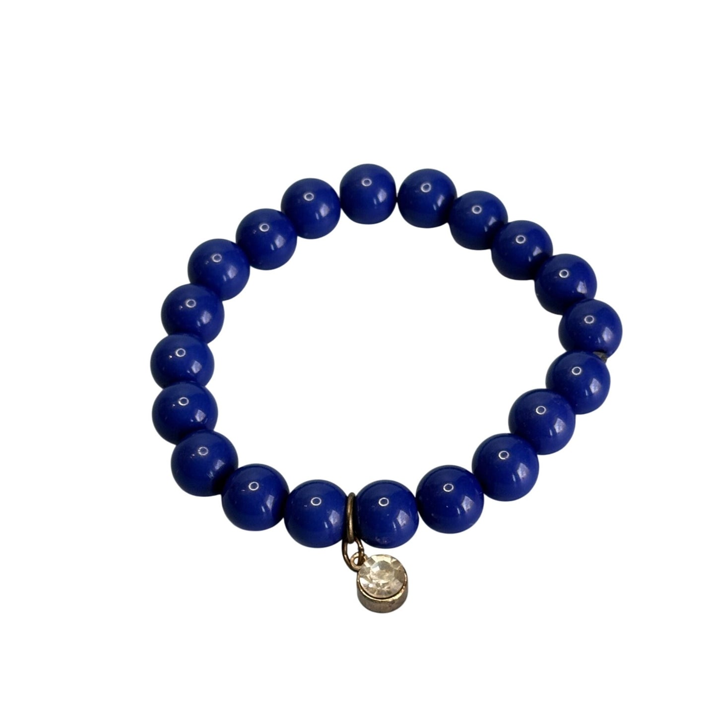 Cobalt Blue Glass Beaded Stretch Bracelets With Rhinestone Charm Accents