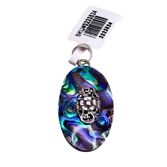 Sterling Silver Oval Abalone Pendant With Floral Accent By DJoy