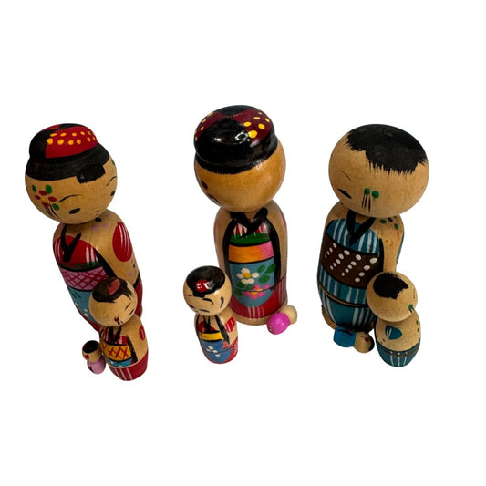 Vintage Japanese Wood Nesting Kokeshi Dolls Bobble Head Set 3.25"