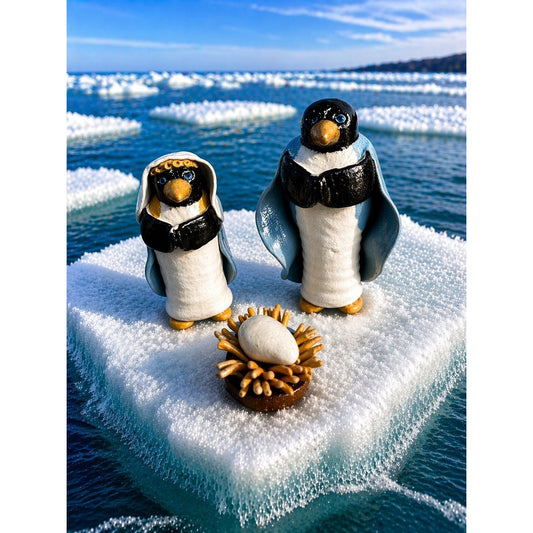 Signed Davis 93 Penguin Nativity Scene Folk Art Mary Joseph Baby Jesus 4" Pottery