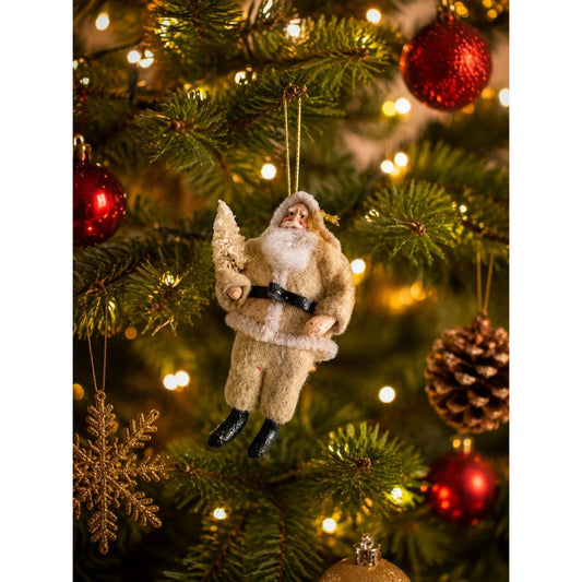 Old Santa Christmas Ornament Chenille Flocked Spun Cotton Bottle Brush Tree c3"