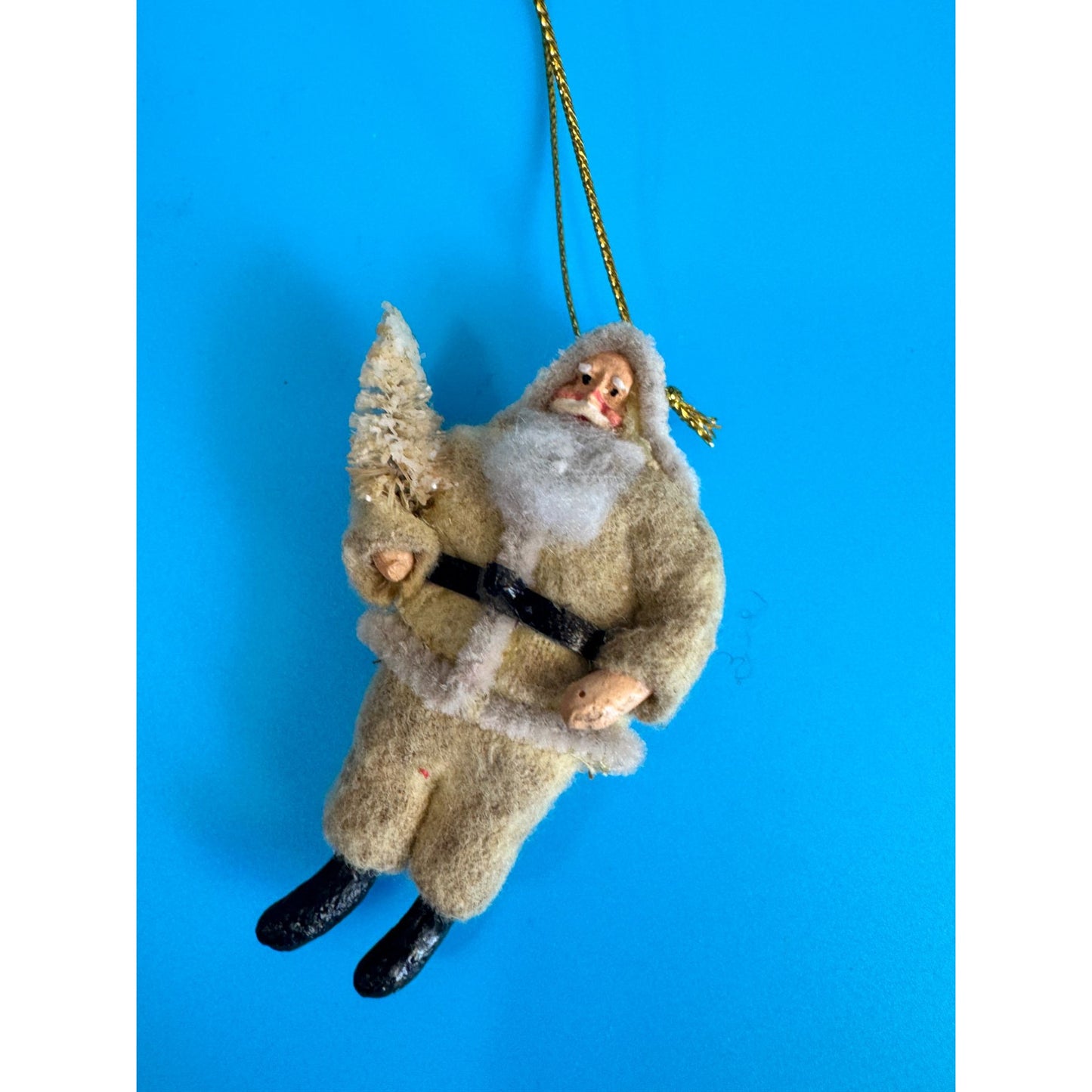 Old Santa Christmas Ornament Chenille Flocked Spun Cotton Bottle Brush Tree c3"