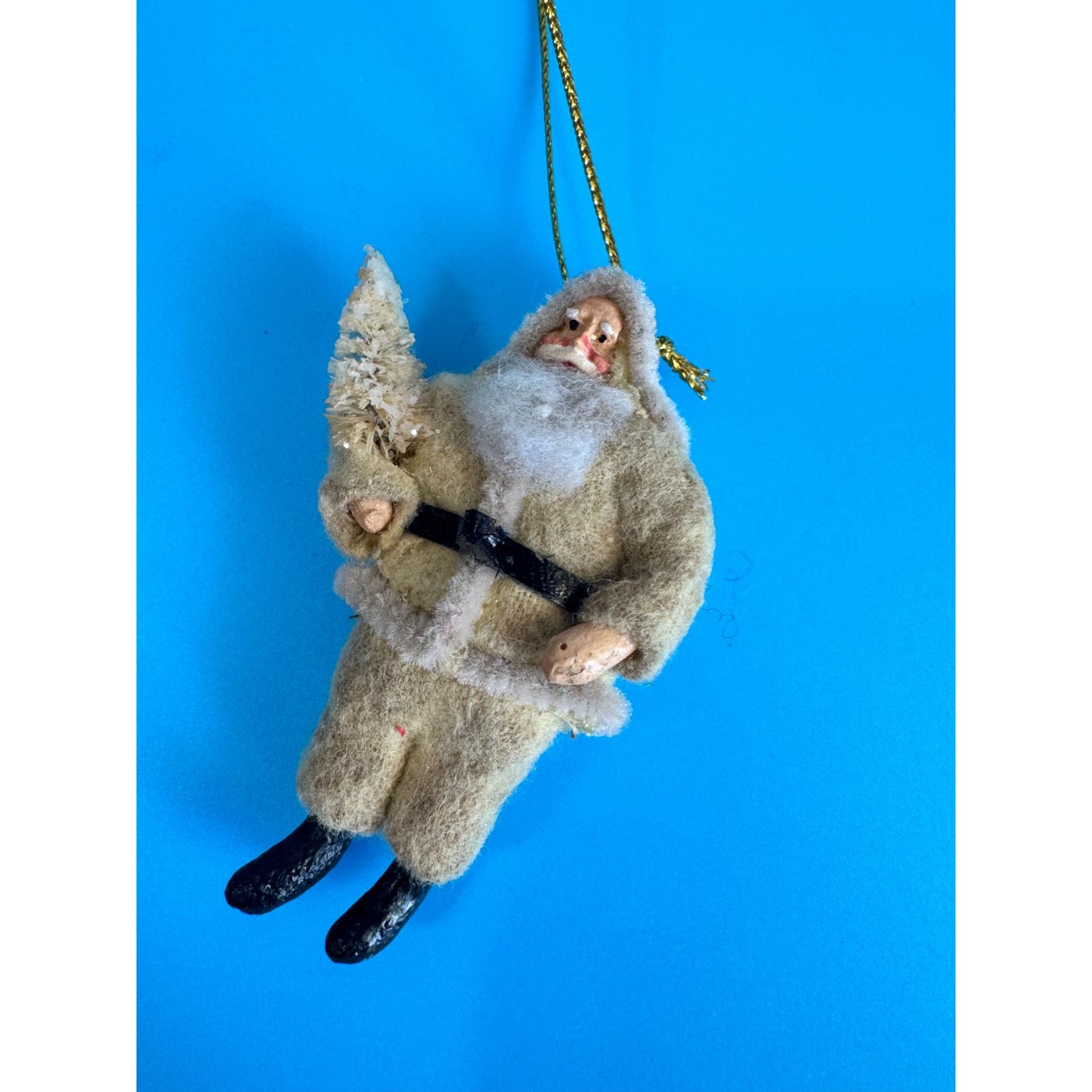 Old Santa Christmas Ornament Chenille Flocked Spun Cotton Bottle Brush Tree c3"