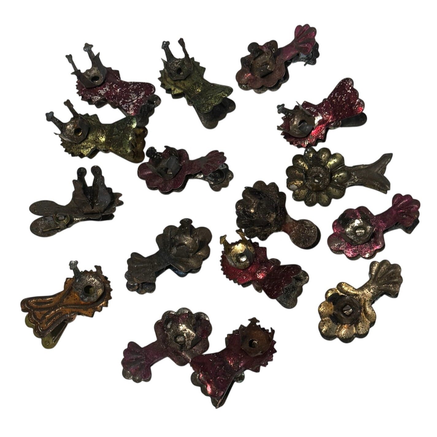 Antique Lot Of 16 Metal Christmas Tree Candle Clips Flower Leaf Holders