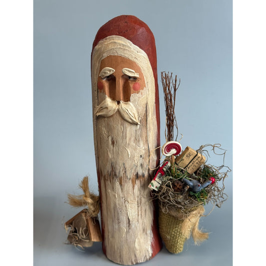 Primitive Folk Art Santa Wood Carved Signed 1991 #40 W Birdhouse Toy Sack 8 1/2"