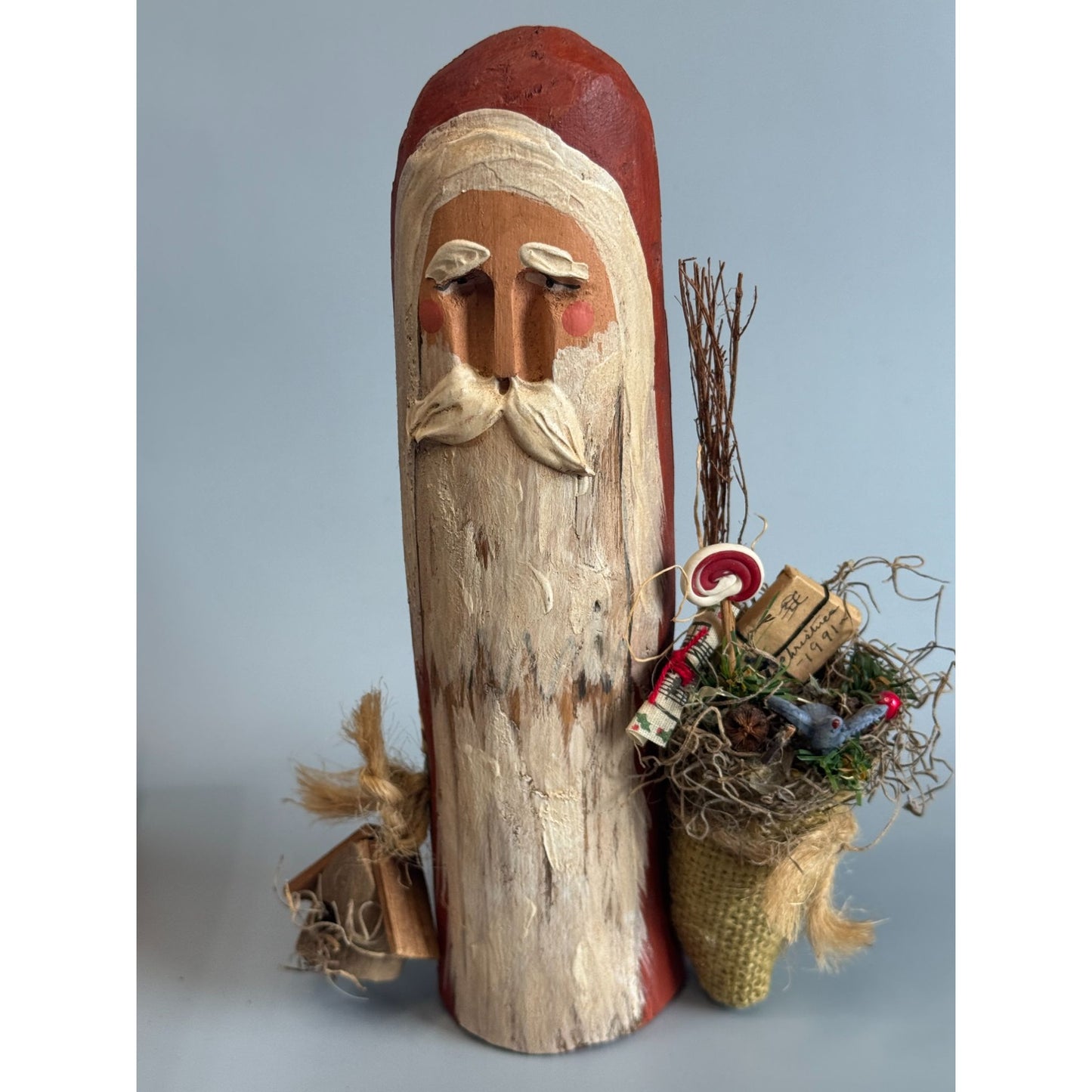 Primitive Folk Art Santa Wood Carved Signed 1991 #40 W Birdhouse Toy Sack 8 1/2"