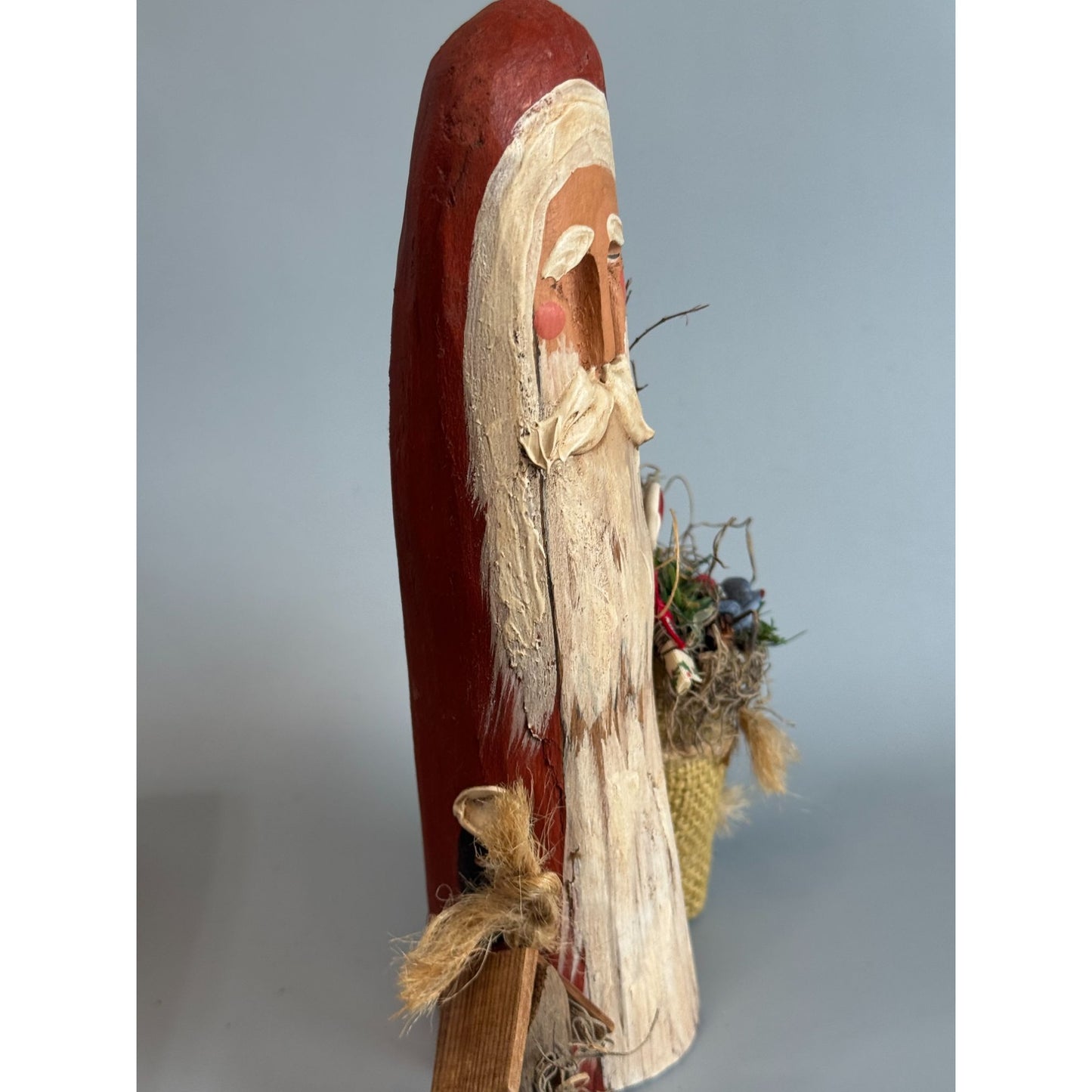 Primitive Folk Art Santa Wood Carved Signed 1991 #40 W Birdhouse Toy Sack 8 1/2"